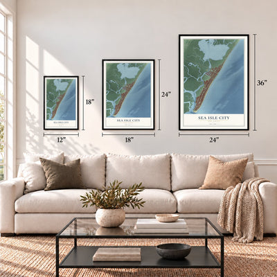 Sea Isle City, New Jersey map in 12 x 18, 18 x 24 and 24 x 36 inch sizes above a sofa
