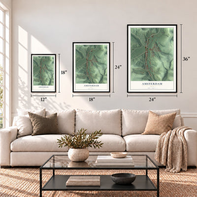 Amsterdam, Ohio map in 12 x 18, 18 x 24 and 24 x 36 inch sizes above a sofa