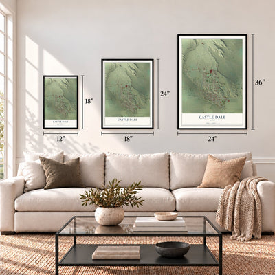 Castle Dale, Utah map in 12 x 18, 18 x 24 and 24 x 36 inch sizes above a sofa
