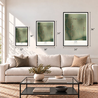 Coy, Arkansas map in 12 x 18, 18 x 24 and 24 x 36 inch sizes above a sofa