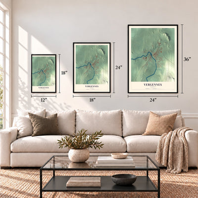 Vergennes, Vermont map in 12 x 18, 18 x 24 and 24 x 36 inch sizes above a sofa