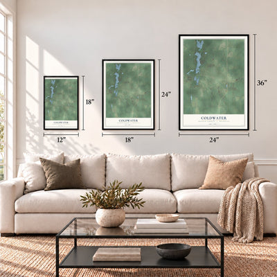 Coldwater, Branch County, Michigan map in 12 x 18, 18 x 24 and 24 x 36 inch sizes above a sofa
