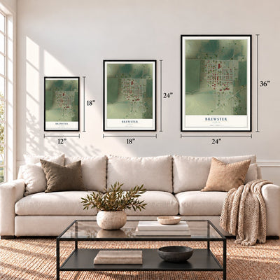 Brewster, Kansas map in 12 x 18, 18 x 24 and 24 x 36 inch sizes above a sofa