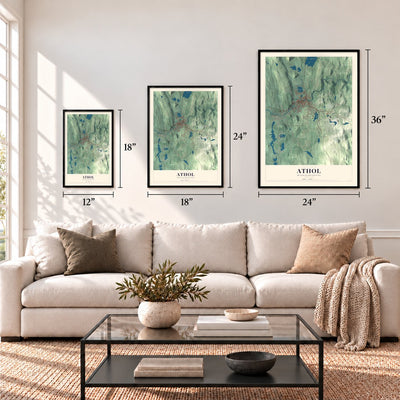 Athol, Massachusetts map in 12 x 18, 18 x 24 and 24 x 36 inch sizes above a sofa