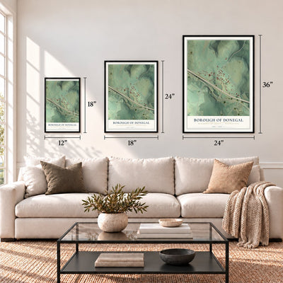 Borough of Donegal, Westmoreland County, Pennsylvania map in 12 x 18, 18 x 24 and 24 x 36 inch sizes above a sofa