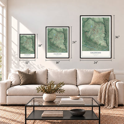 Edgewood, Washington map in 12 x 18, 18 x 24 and 24 x 36 inch sizes above a sofa