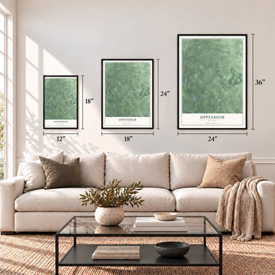 Oppenheim, New York map in 12 x 18, 18 x 24 and 24 x 36 inch sizes above a sofa