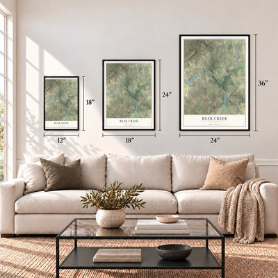 Bear Creek, Pennsylvania map in 12 x 18, 18 x 24 and 24 x 36 inch sizes above a sofa