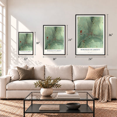 Borough of Liberty, Tioga County, Pennsylvania map in 12 x 18, 18 x 24 and 24 x 36 inch sizes above a sofa