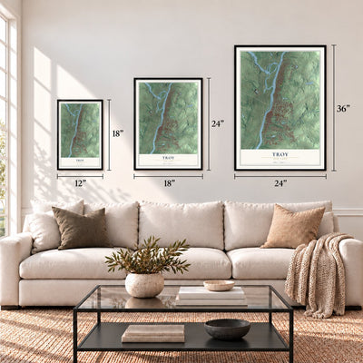 Troy, New York map in 12 x 18, 18 x 24 and 24 x 36 inch sizes above a sofa