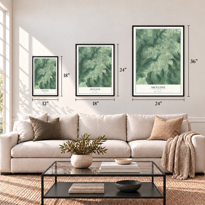 Skyline, Alabama map in 12 x 18, 18 x 24 and 24 x 36 inch sizes above a sofa