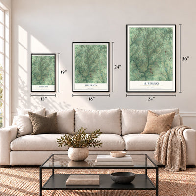 Jefferson, Butler County, Pennsylvania map in 12 x 18, 18 x 24 and 24 x 36 inch sizes above a sofa