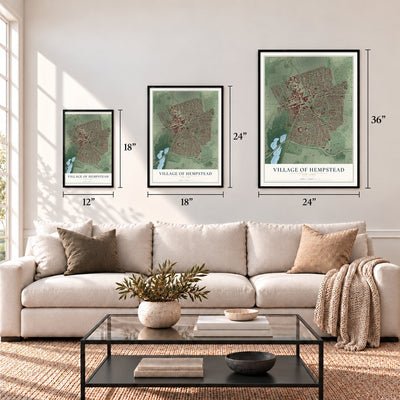 Village of Hempstead, New York map in 12 x 18, 18 x 24 and 24 x 36 inch sizes above a sofa