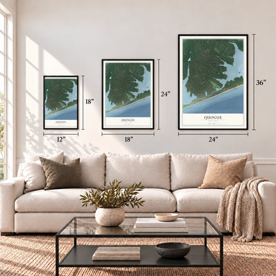 Quogue, New York map in 12 x 18, 18 x 24 and 24 x 36 inch sizes above a sofa