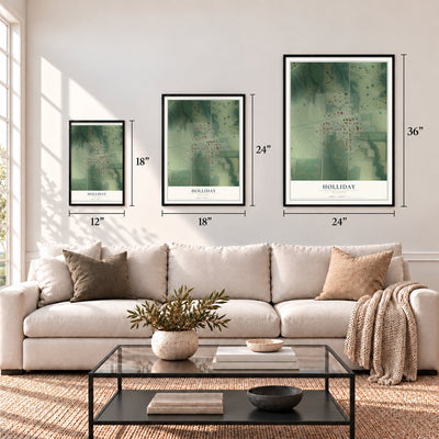 Holliday, Missouri map in 12 x 18, 18 x 24 and 24 x 36 inch sizes above a sofa
