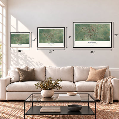 Belfield, North Dakota map in 12 x 18, 18 x 24 and 24 x 36 inch sizes above a sofa