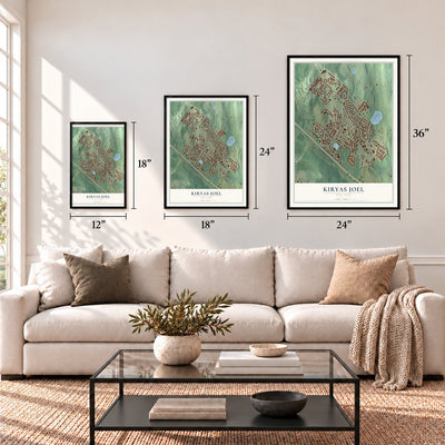 Kiryas Joel, New York map in 12 x 18, 18 x 24 and 24 x 36 inch sizes above a sofa