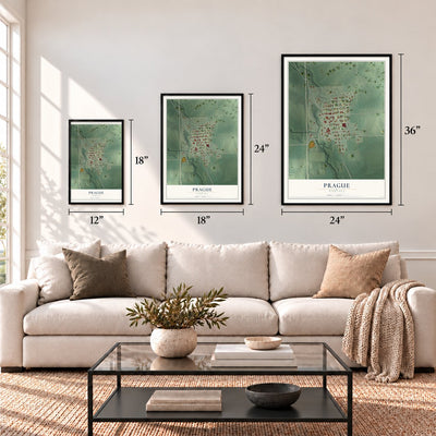 Prague, Nebraska map in 12 x 18, 18 x 24 and 24 x 36 inch sizes above a sofa