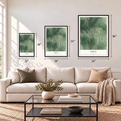 Luray, Missouri map in 12 x 18, 18 x 24 and 24 x 36 inch sizes above a sofa