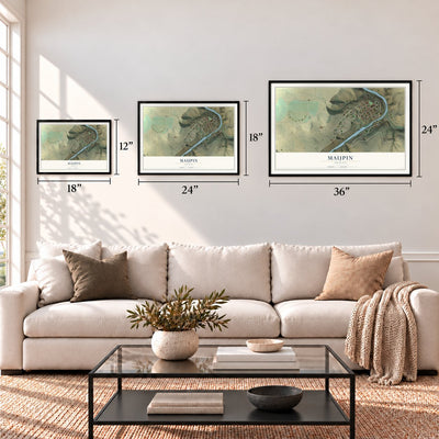 Maupin, Oregon map in 12 x 18, 18 x 24 and 24 x 36 inch sizes above a sofa