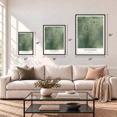 Pattonsburg, Missouri map in 12 x 18, 18 x 24 and 24 x 36 inch sizes above a sofa