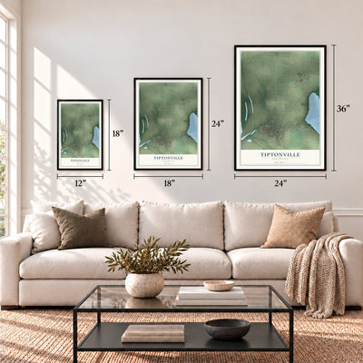 Tiptonville, Tennessee map in 12 x 18, 18 x 24 and 24 x 36 inch sizes above a sofa