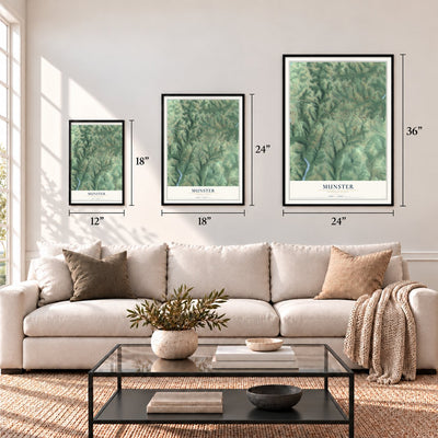 Munster, Pennsylvania map in 12 x 18, 18 x 24 and 24 x 36 inch sizes above a sofa