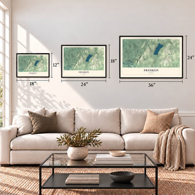 Franklin, Vermont map in 12 x 18, 18 x 24 and 24 x 36 inch sizes above a sofa