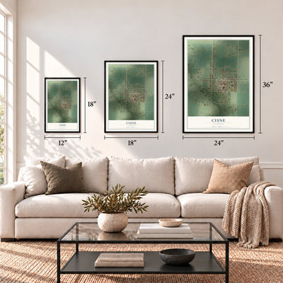 Cisne, Illinois map in 12 x 18, 18 x 24 and 24 x 36 inch sizes above a sofa