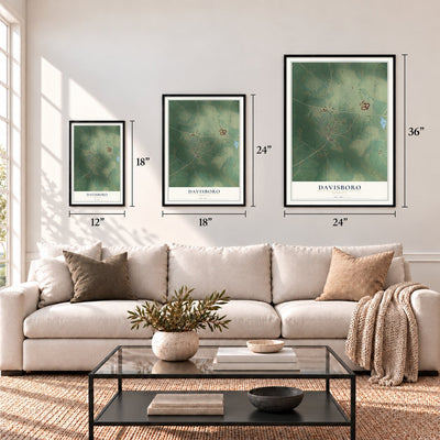 Davisboro, Georgia map in 12 x 18, 18 x 24 and 24 x 36 inch sizes above a sofa