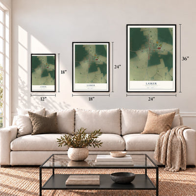 Lasker, North Carolina map in 12 x 18, 18 x 24 and 24 x 36 inch sizes above a sofa