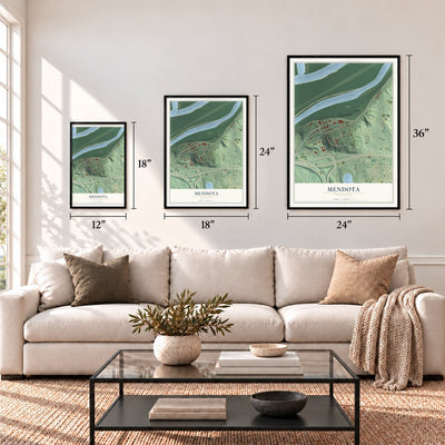 Mendota, Minnesota map in 12 x 18, 18 x 24 and 24 x 36 inch sizes above a sofa