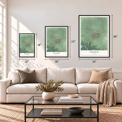 Franklin, Minnesota map in 12 x 18, 18 x 24 and 24 x 36 inch sizes above a sofa