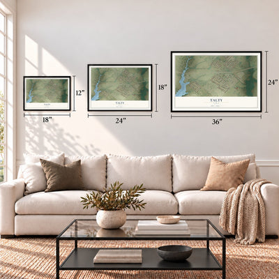 Talty, Texas map in 12 x 18, 18 x 24 and 24 x 36 inch sizes above a sofa