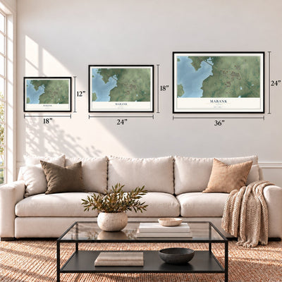 Mabank, Texas map in 12 x 18, 18 x 24 and 24 x 36 inch sizes above a sofa