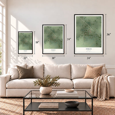 Inman, Nebraska map in 12 x 18, 18 x 24 and 24 x 36 inch sizes above a sofa