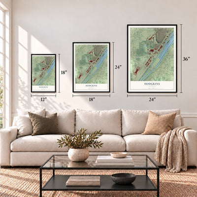 Hodgkins, Illinois map in 12 x 18, 18 x 24 and 24 x 36 inch sizes above a sofa