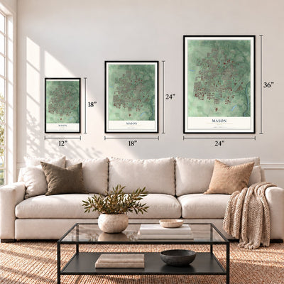 Mason, Ohio map in 12 x 18, 18 x 24 and 24 x 36 inch sizes above a sofa