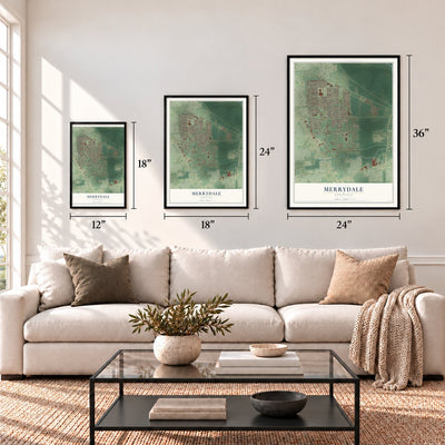 Merrydale, Louisiana map in 12 x 18, 18 x 24 and 24 x 36 inch sizes above a sofa