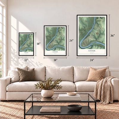 Cotter, Arkansas map in 12 x 18, 18 x 24 and 24 x 36 inch sizes above a sofa