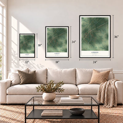 Gibson, Tennessee map in 12 x 18, 18 x 24 and 24 x 36 inch sizes above a sofa