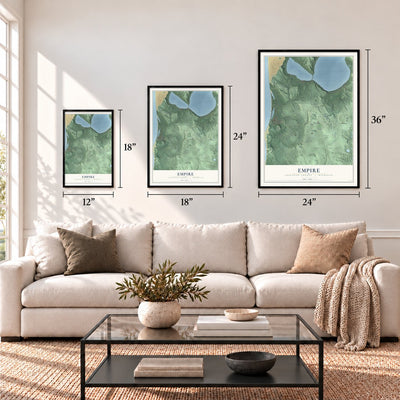 Empire, Leelanau County, Michigan map in 12 x 18, 18 x 24 and 24 x 36 inch sizes above a sofa