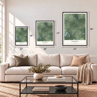 Baldwin, Minnesota map in 12 x 18, 18 x 24 and 24 x 36 inch sizes above a sofa