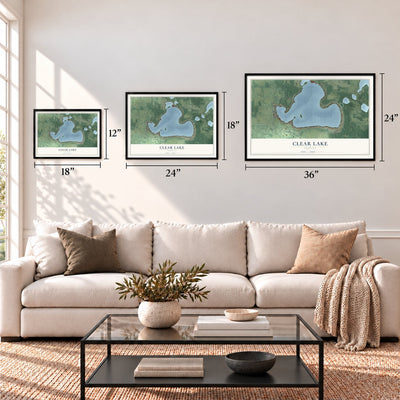 Clear Lake, Indiana map in 12 x 18, 18 x 24 and 24 x 36 inch sizes above a sofa