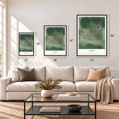 Haven, Kansas map in 12 x 18, 18 x 24 and 24 x 36 inch sizes above a sofa