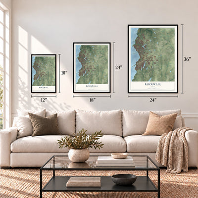 Rockwall, Texas map in 12 x 18, 18 x 24 and 24 x 36 inch sizes above a sofa