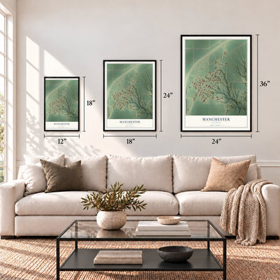 Manchester, Illinois map in 12 x 18, 18 x 24 and 24 x 36 inch sizes above a sofa