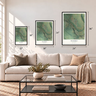 Waverly, Washington map in 12 x 18, 18 x 24 and 24 x 36 inch sizes above a sofa