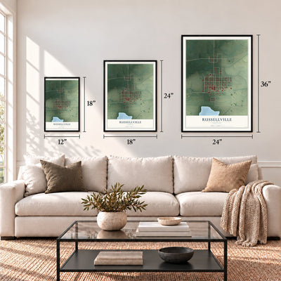 Russellville, Indiana map in 12 x 18, 18 x 24 and 24 x 36 inch sizes above a sofa