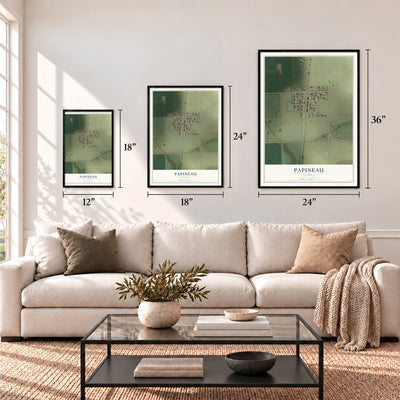 Papineau, Illinois map in 12 x 18, 18 x 24 and 24 x 36 inch sizes above a sofa